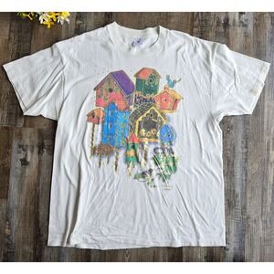 Vintage 90s Tshirt Bird House Cottagecore Single Stitch Cotton Womens‎ XL USA